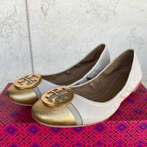 NEW TORY BURCH MINNIE METALLIC CAP-TOE BALLET FLAT